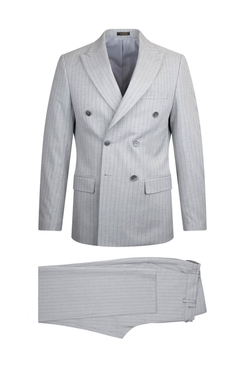 Gri Regular Fit Çizgili Kruvaze Klasik Takım Elbise - Hatemoğlu
