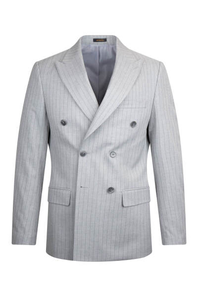 Gri Regular Fit Çizgili Kruvaze Klasik Takım Elbise - 2