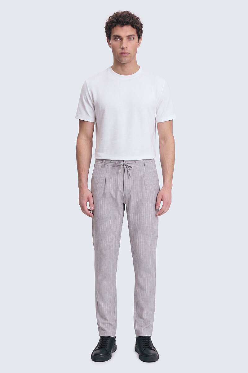 Gri Regular Fit Çizgili Yandan Cepli Keten Pantolon