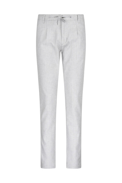 Gri Regular Fit Çizgili Yandan Cepli Keten Pantolon 