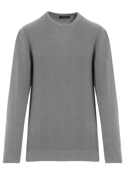 Gri Regular Fit Desenli Pamuklu Bisiklet Yaka Triko Kazak - 1