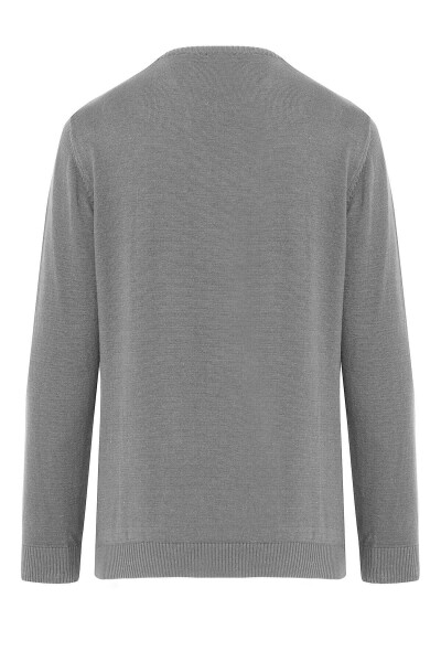 Gri Regular Fit Desenli Pamuklu Bisiklet Yaka Triko Kazak - 3