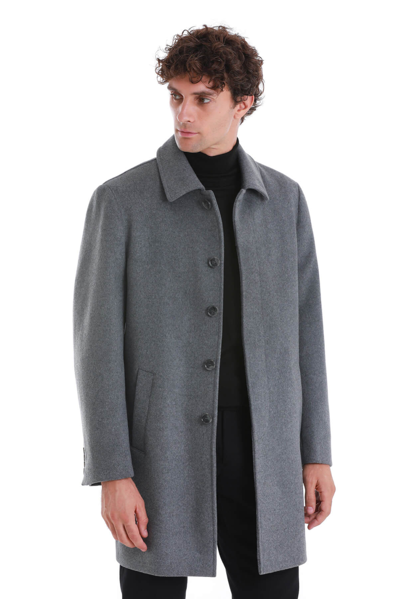 Gri Regular Fit Bebe Yaka Kürklü Kaşe Yünlü Palto - Hatem Saykı