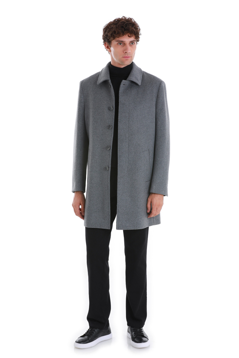 Gri Regular Fit Bebe Yaka Kürklü Kaşe Yünlü Palto - Hatem Saykı (1)