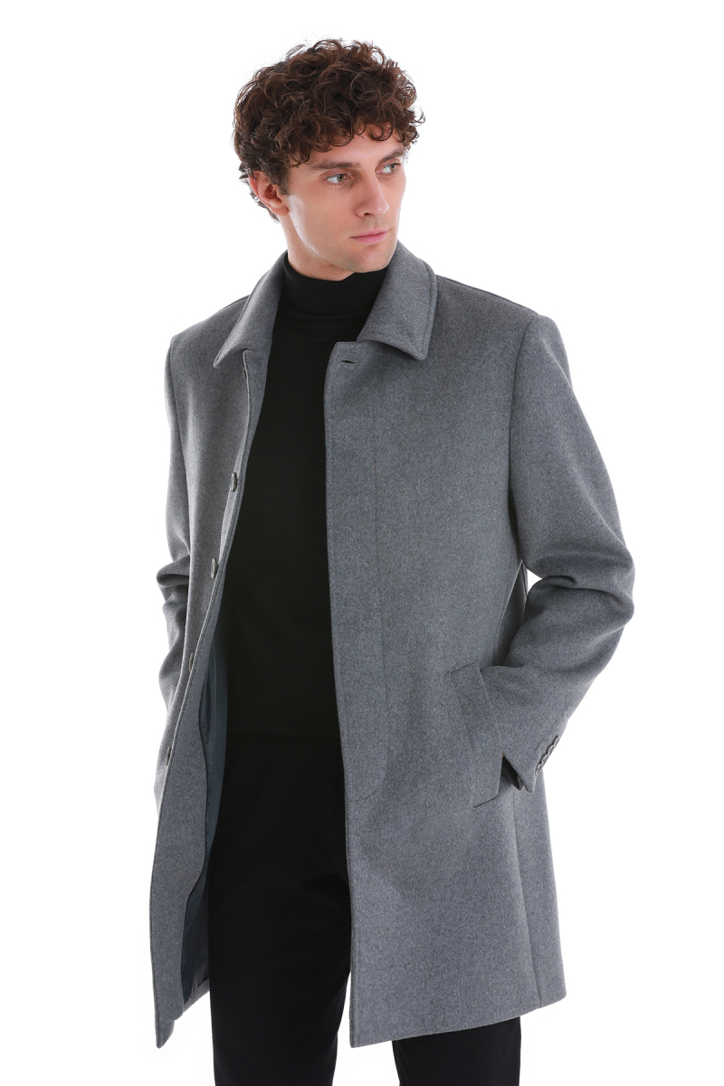 Gri Regular Fit Bebe Yaka Kürklü Kaşe Yünlü Palto - Hatem Saykı (1)