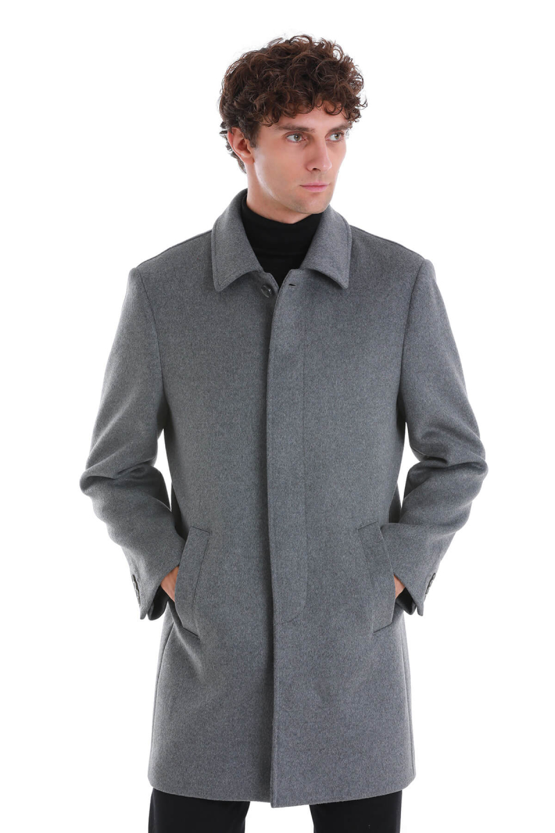 Gri Regular Fit Bebe Yaka Kürklü Kaşe Yünlü Palto - Hatem Saykı (1)