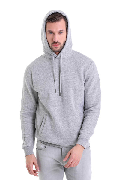 Gri Regular Fit Düz Kanguru Cep Kapüşonlu Sweatshirt - Thumbnail