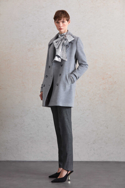 Saykı Woman Gri Regular Fit Kruvaze Yün Kaban - 7