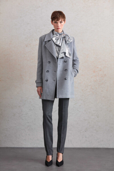 Saykı Woman Gri Regular Fit Kruvaze Yün Kaban - 4