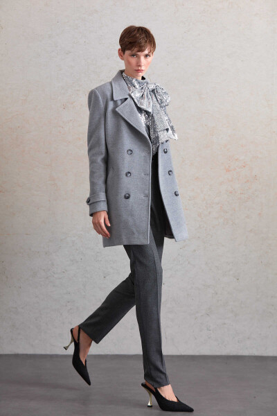 Saykı Woman Gri Regular Fit Kruvaze Yün Kaban - 6