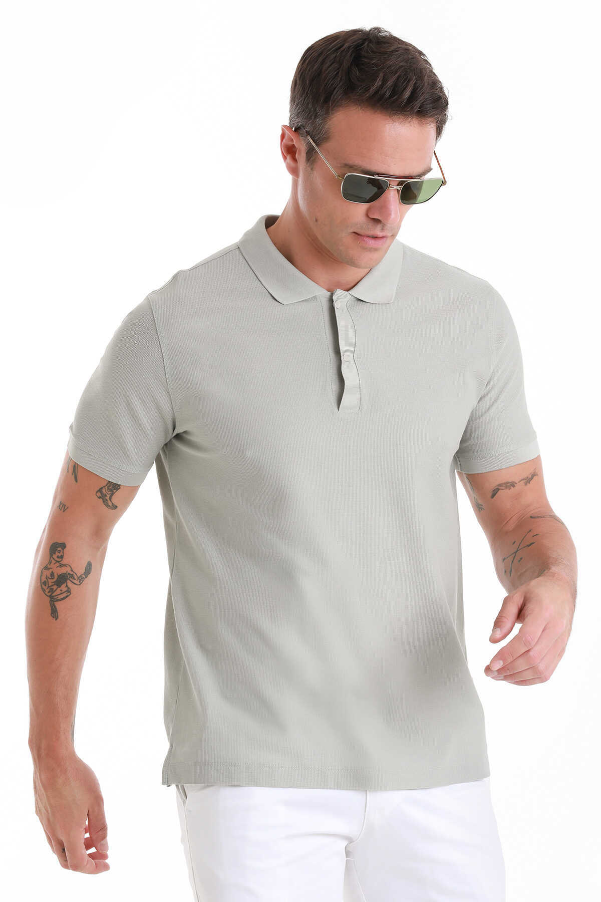 Gri Regular Fit Merserize Polo Yaka 100% Pamuk Tişört - 3