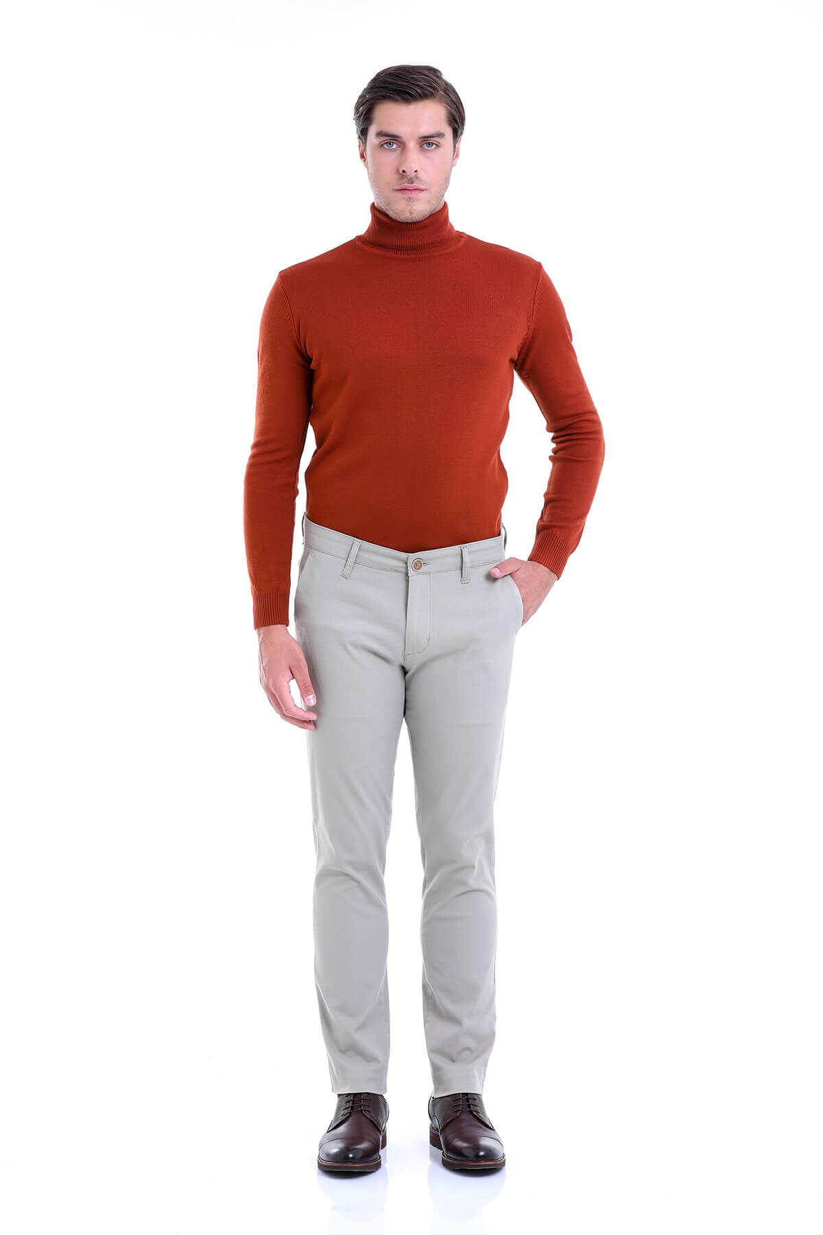 Gri Regular Fit Düz Pamuklu Yandan Cep Kanvas Pantolon - 4