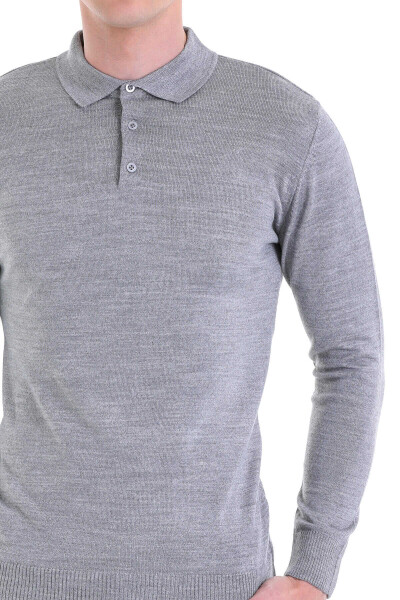 Gri Comfort Fit Düz Polo Yaka Yünlü Kazak - Thumbnail