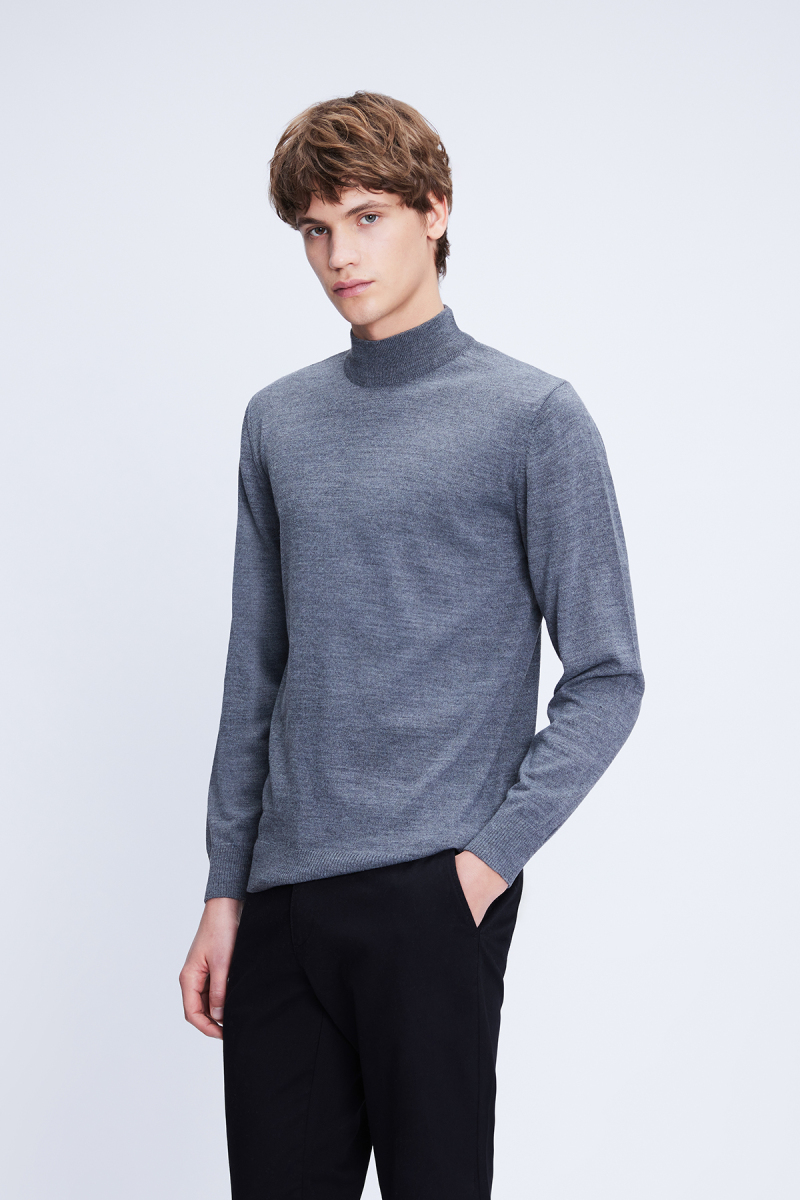 Gri Regular Fit Düz Yarım Balıkçı Yaka Yünlü Triko Kazak - Hatemoğlu