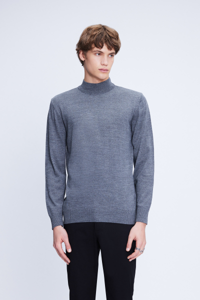 Gri Regular Fit Düz Yarım Balıkçı Yaka Yünlü Triko Kazak - 3