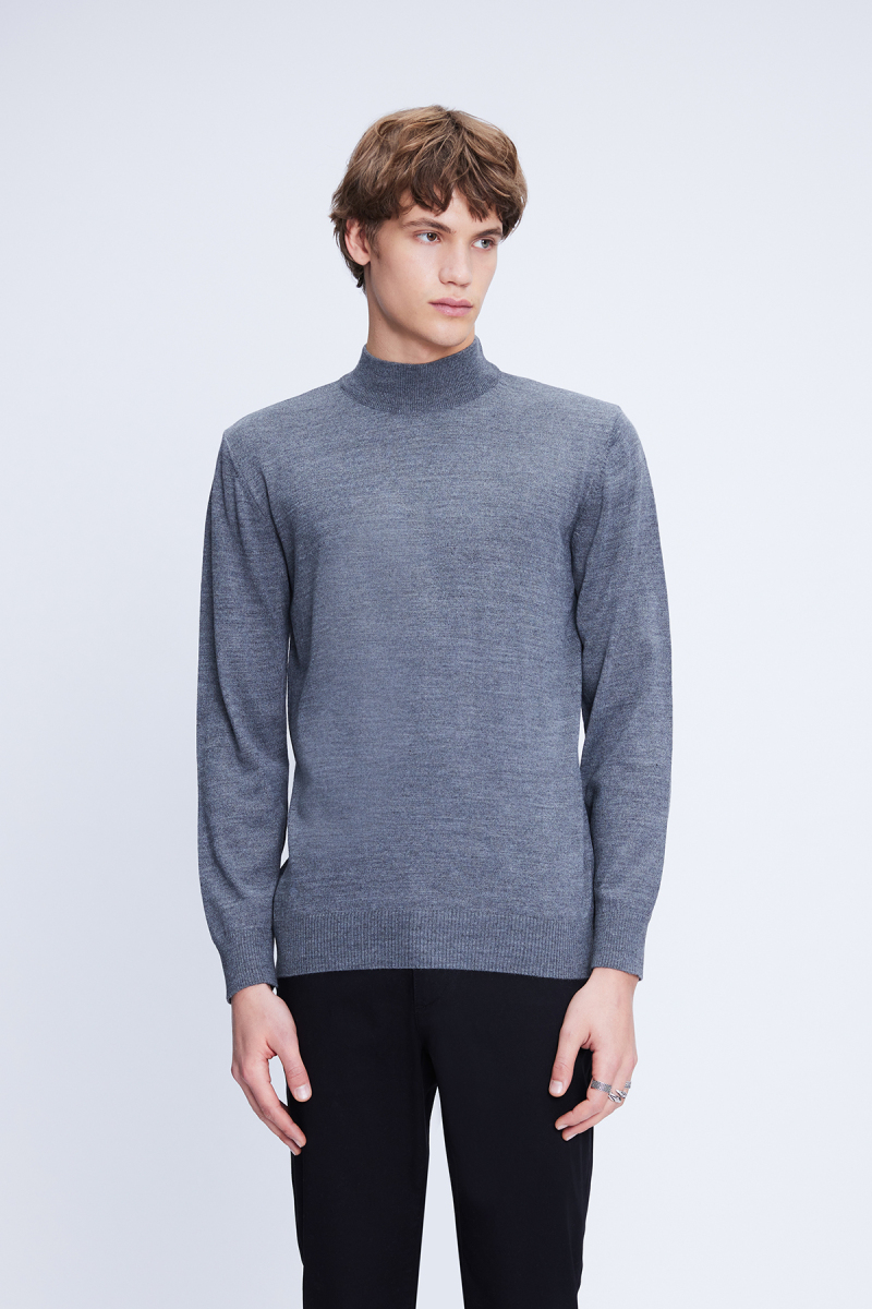 Gri Regular Fit Düz Yarım Balıkçı Yaka Yünlü Triko Kazak - Hatemoğlu (1)