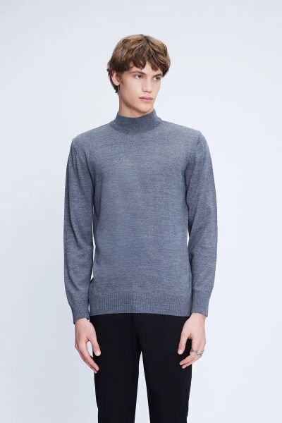 Gri Regular Fit Düz Yarım Balıkçı Yaka Yünlü Triko Kazak - 3