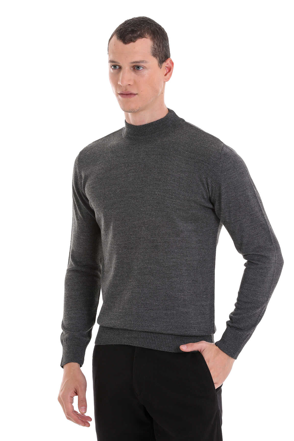 Gri Regular Fit Yarım Balıkçı Yaka Yünlü Triko Kazak - 3