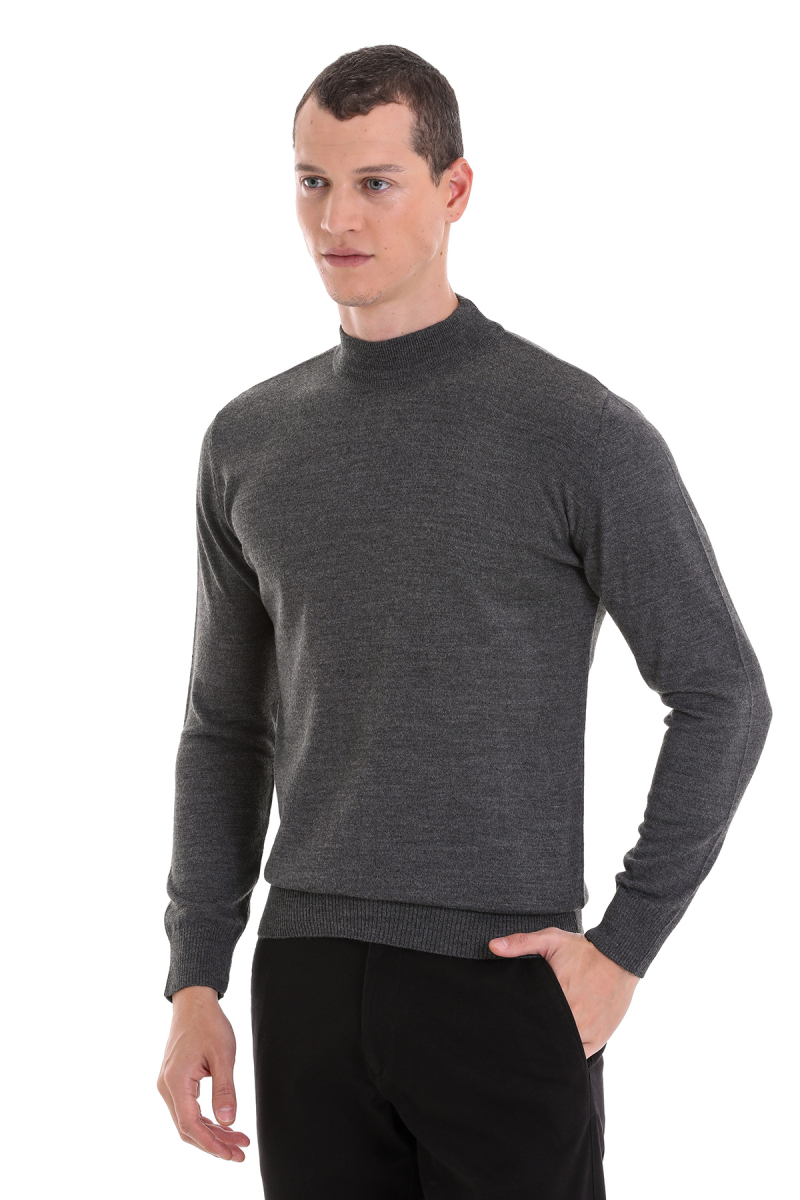 Gri Regular Fit Yarım Balıkçı Yaka Yünlü Triko Kazak - Hatemoğlu (1)