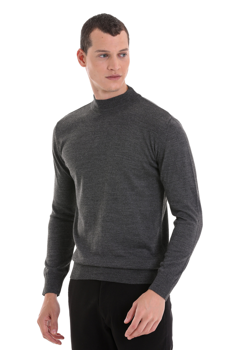 Gri Regular Fit Yarım Balıkçı Yaka Yünlü Triko Kazak - Hatemoğlu (1)