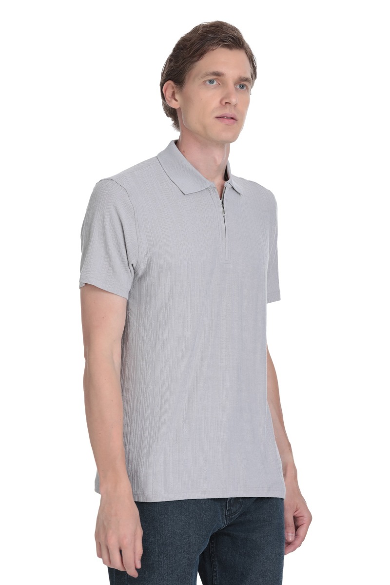 Gri Regular Fit Fermuarlı Polo Yaka Tişört - Saykı