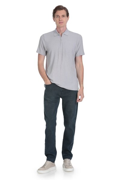 Gri Regular Fit Fermuarlı Polo Yaka Tişört - 2