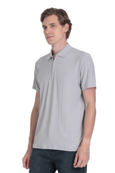 Gri Regular Fit Fermuarlı Polo Yaka Tişört - 3