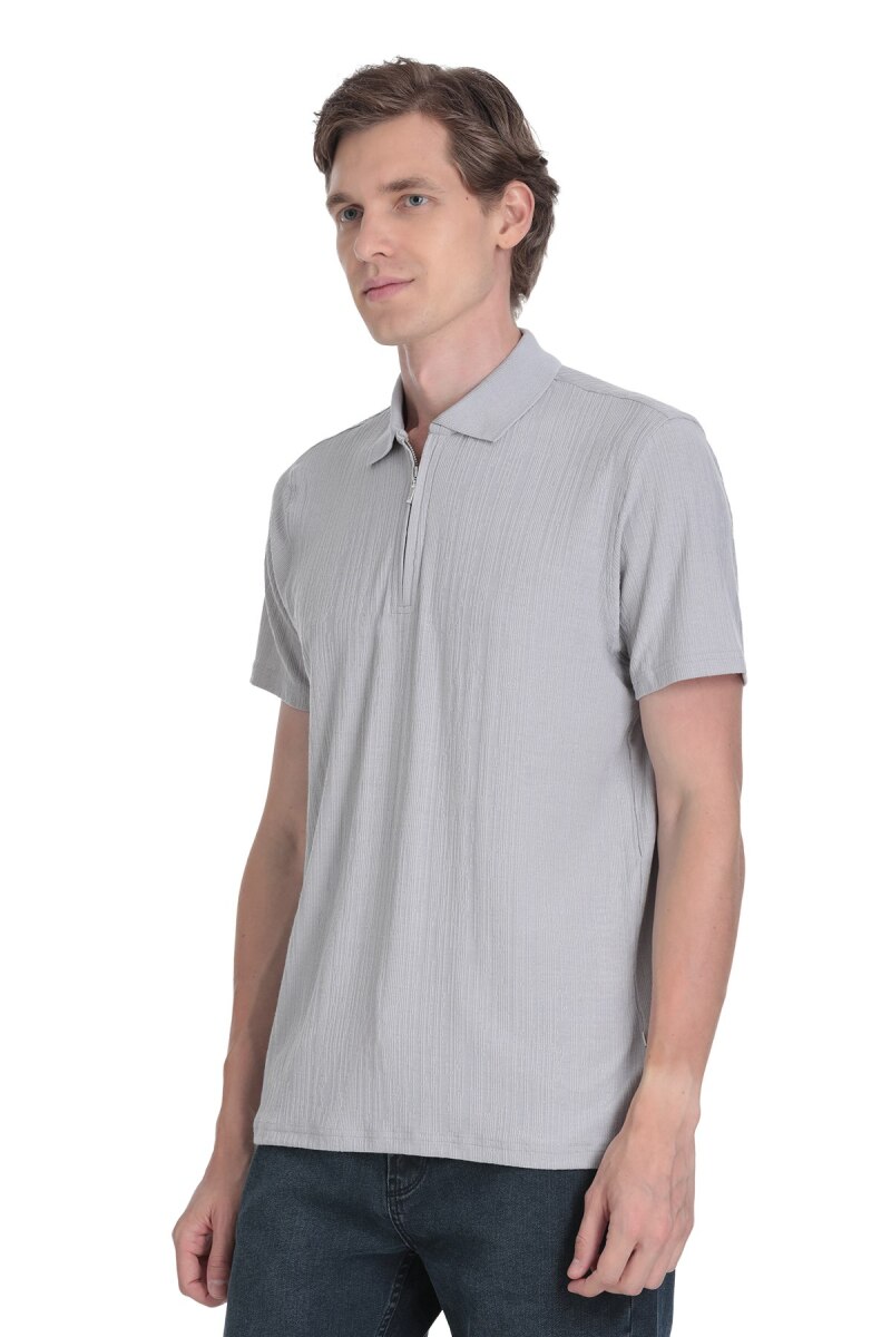 Gri Regular Fit Fermuarlı Polo Yaka Tişört - Saykı (1)