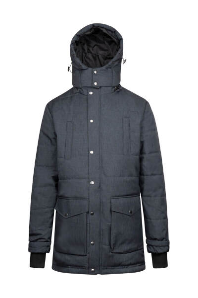 Gri Regular Fit Hakim Yaka Desenli Kapitone Uzun Kapüşonlu Mont - 2