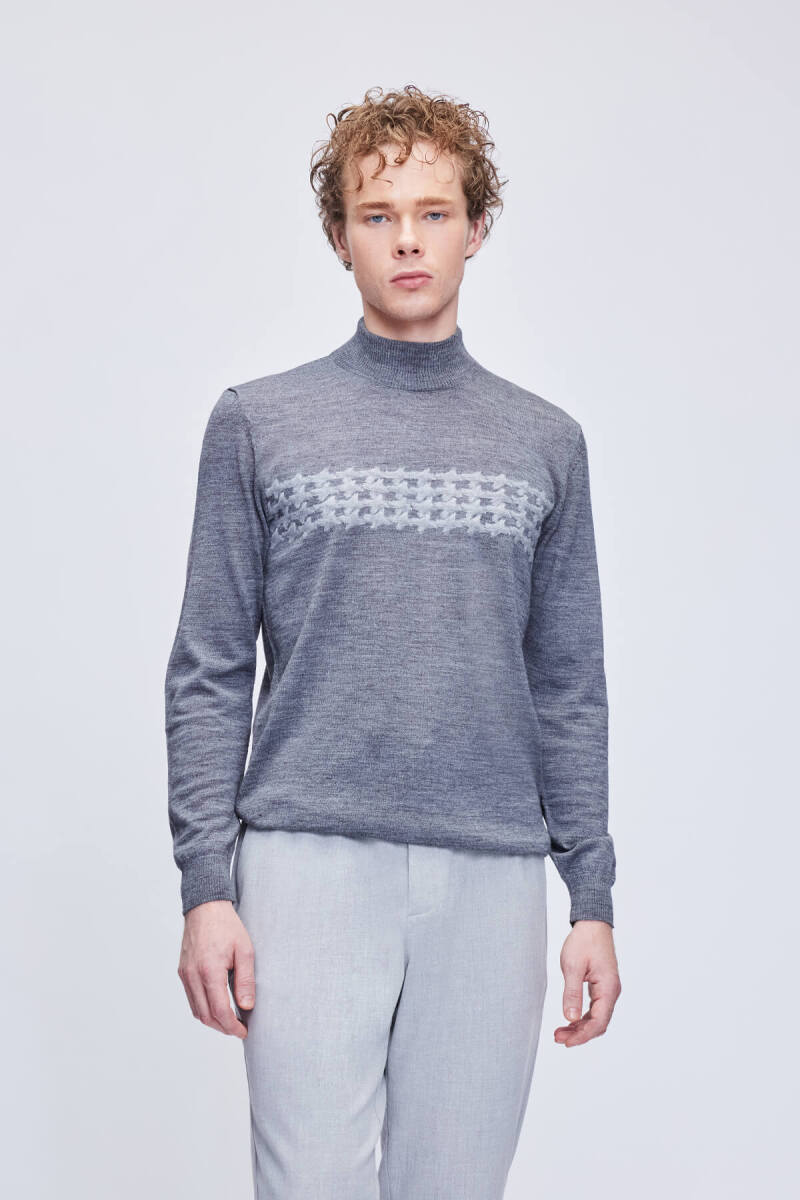 Gri Regular Fit Jakarlı Yarım Balıkçı Yaka Yünlü Triko Kazak - Hatem Saykı