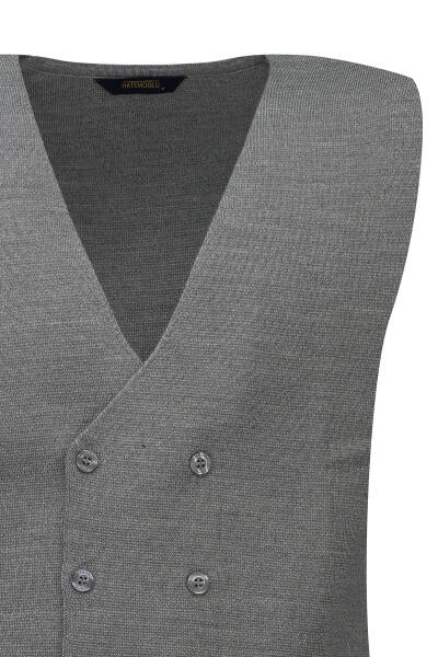 Gri Regular Fit Kruvaze Triko Yelek - 2