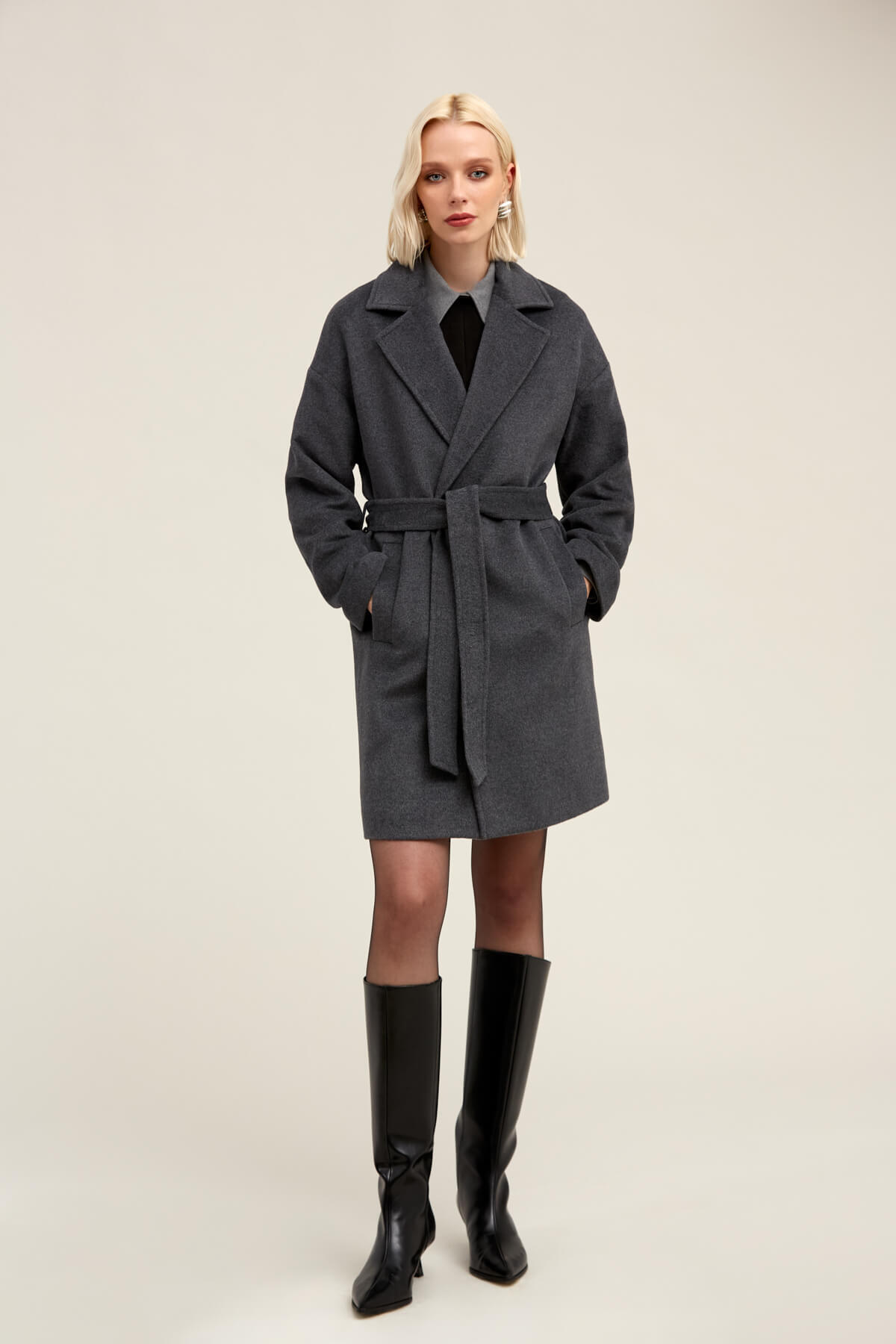 Saykı Woman Gri Regular Fit Mono Yaka Yünlü Manto - 1