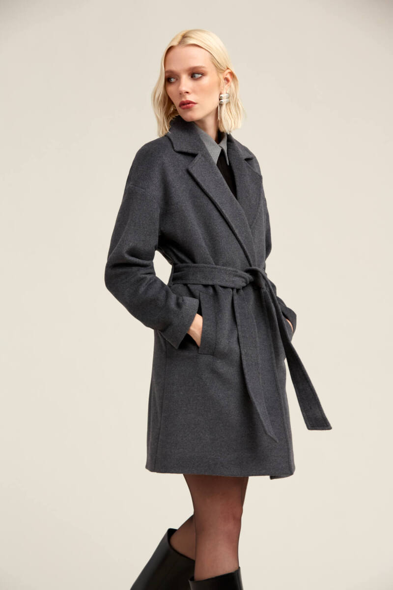 Saykı Woman Gri Regular Fit Mono Yaka Yünlü Manto - Hatemoğlu (1)