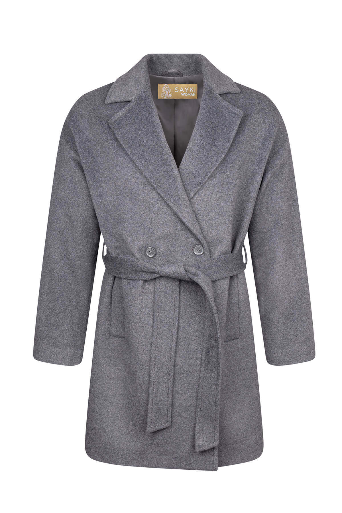 Saykı Woman Gri Regular Fit Mono Yaka Yünlü Manto - 8