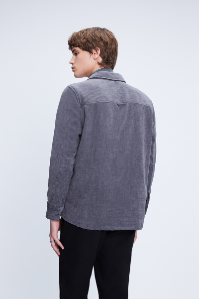Gri Regular Fit Shacket Uzun Kol Fitilli Kadife Gömlek - 5