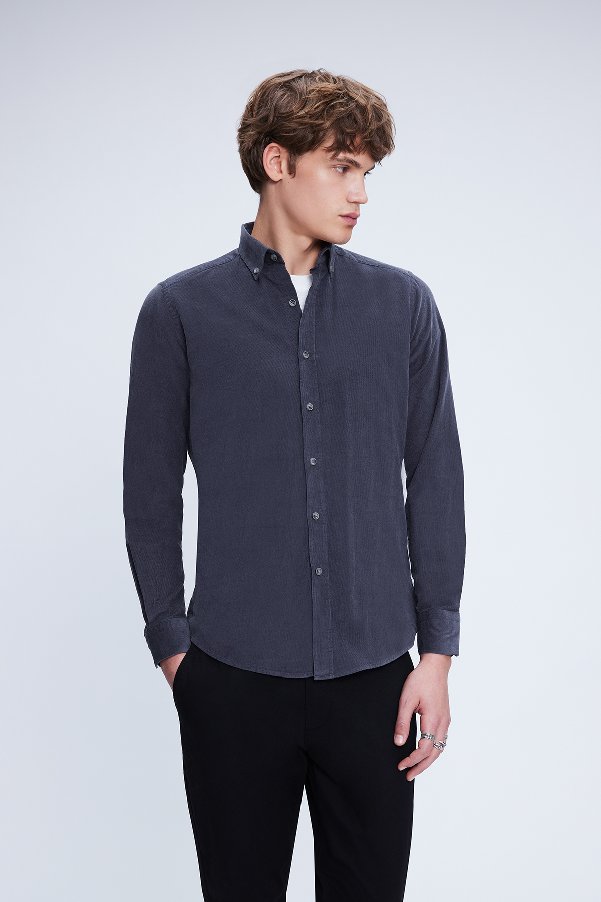 Gri Slim Fit 100% Pamuklu Düğmeli Yaka Uzun Kollu Klasik Gömlek - 1