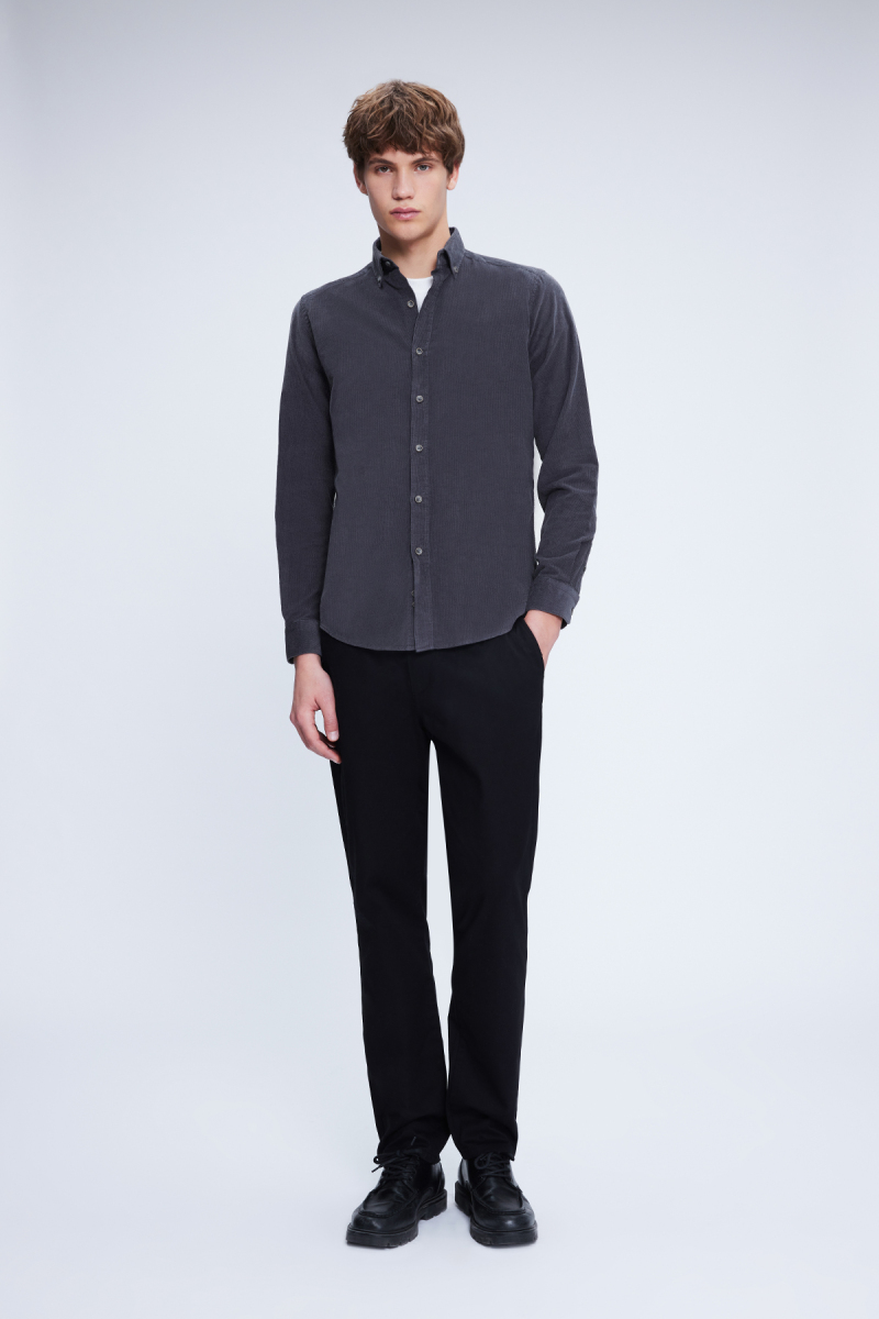 Gri Slim Fit 100% Pamuklu Düğmeli Yaka Uzun Kollu Klasik Gömlek - Hatem Saykı (1)