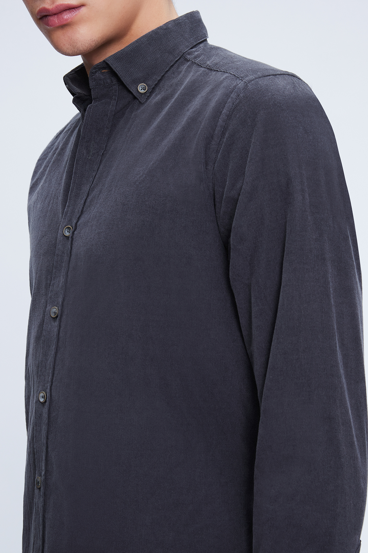 Gri Slim Fit 100% Pamuklu Düğmeli Yaka Uzun Kollu Klasik Gömlek - 4