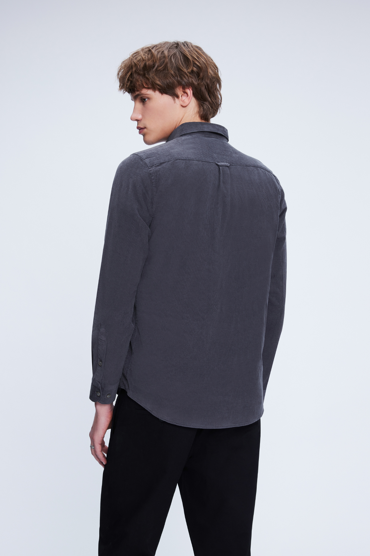 Gri Slim Fit 100% Pamuklu Düğmeli Yaka Uzun Kollu Klasik Gömlek - 5