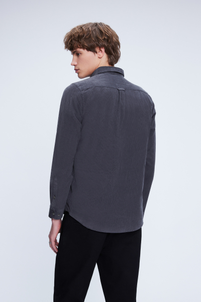 Gri Slim Fit 100% Pamuklu Düğmeli Yaka Uzun Kollu Klasik Gömlek - 5