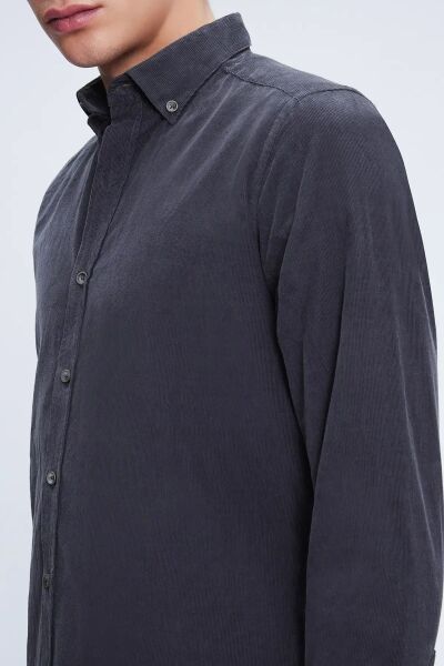 Gri Slim Fit 100% Pamuklu Düğmeli Yaka Uzun Kollu Klasik Gömlek - 4