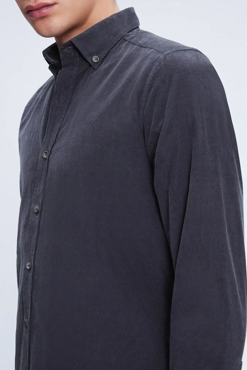 Gri Slim Fit 100% Pamuklu Düğmeli Yaka Uzun Kollu Klasik Gömlek - Hatem Saykı (1)
