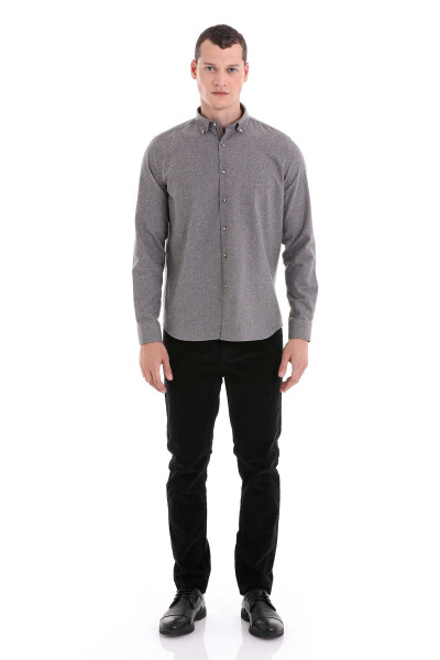 Gri Slim Fit Baskılı Düğmeli Yaka Uzun Kollu Klasik Flanel Gömlek 