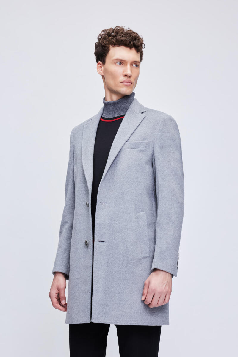 Gri Slim Fit Ceket Yaka Yünlü Kaşe Palto - Hatem Saykı