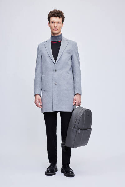 Gri Slim Fit Ceket Yaka Yünlü Kaşe Palto - 2