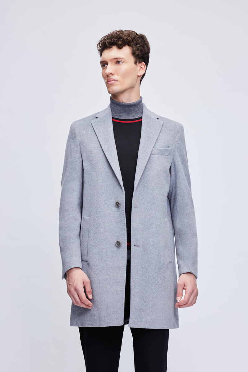Gri Slim Fit Ceket Yaka Yünlü Kaşe Palto - Hatem Saykı (1)
