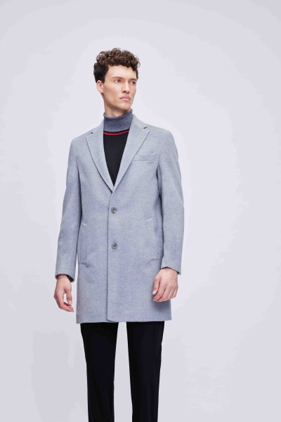 Gri Slim Fit Ceket Yaka Yünlü Kaşe Palto - 4