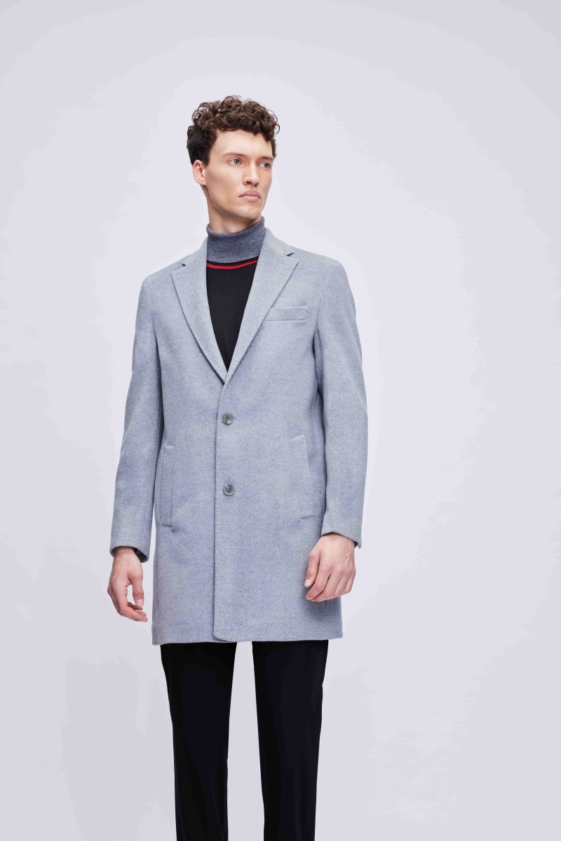 Gri Slim Fit Ceket Yaka Yünlü Kaşe Palto - Hatem Saykı (1)