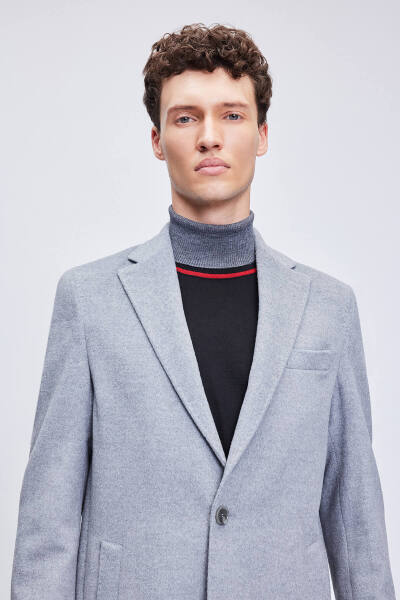 Gri Slim Fit Ceket Yaka Yünlü Kaşe Palto - 5