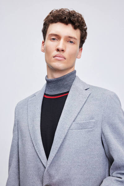 Gri Slim Fit Ceket Yaka Yünlü Kaşe Palto - 6